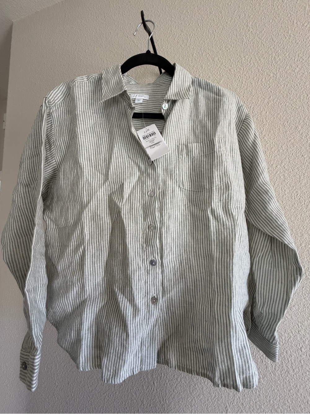 J. Jill Women’s Linen Light Green and White Striped Button-Down Shirt